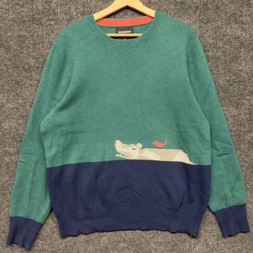 Bonobos Hippo Ferry Crew Neck Sweater Mens Large Green Navy Colorblock Intarsia
